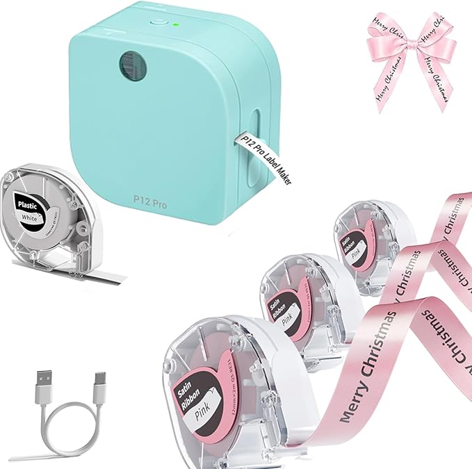 Phomemo P12 PRO Label Maker Machine with 4 Pink Ribbon Lable Tape, Rechargeable Label Makers Ribbon Printer Machine or Home, Office, Organizing, Kitchen