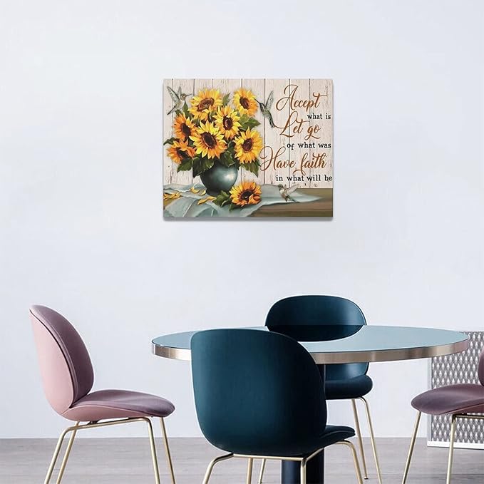 yerretin Farmhouse Sunflower Wall Art Sunflower Pictures Wall Decor Rustic Canvas Painting Modern Artwork Home Decorations for Bathroom Dining Room Kitchen Bedroom Office Framed 20"x16"