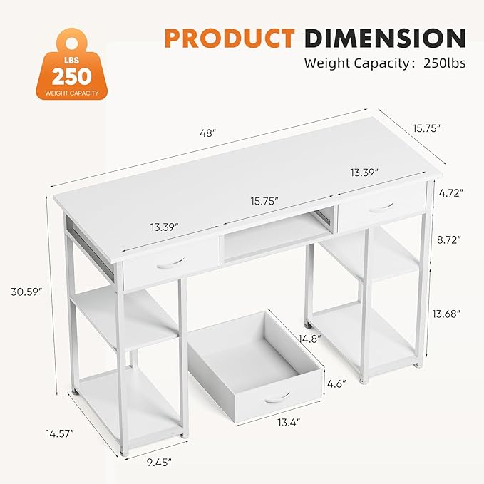 Sweetcrispy Computer Gaming Desk with Fabric Drawers - 48 Inch Home Office Bedroom Writing StudyTable with Storage Shelves Adjustable Feet PC Desk, White