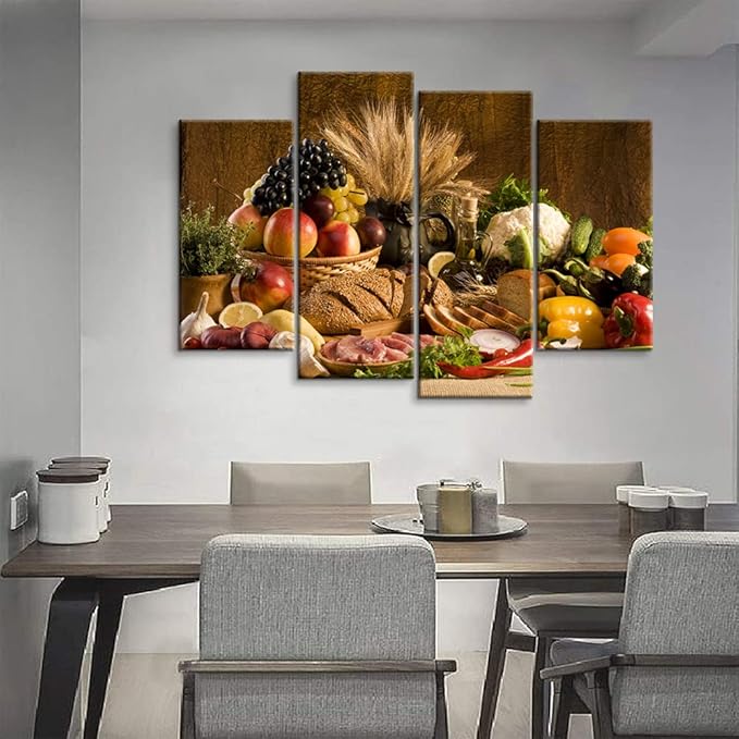 4 Pieces Kitchen Wall Art - Food and Fruit Pictures for Dining Room Decor (48''W x 32''H)