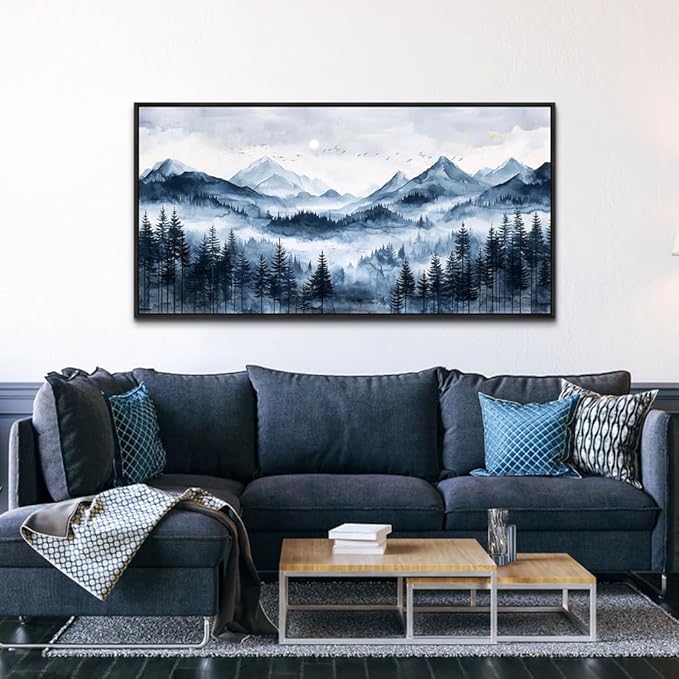 ERQINHUA Black Framed Canvas Wall Art For Bedroom Large Wall Decor For Living Room Modern Office Home Decorations Printed Misty and Fog Forest Painting Mountain Landscape Wall Aesthetics 24x48 In