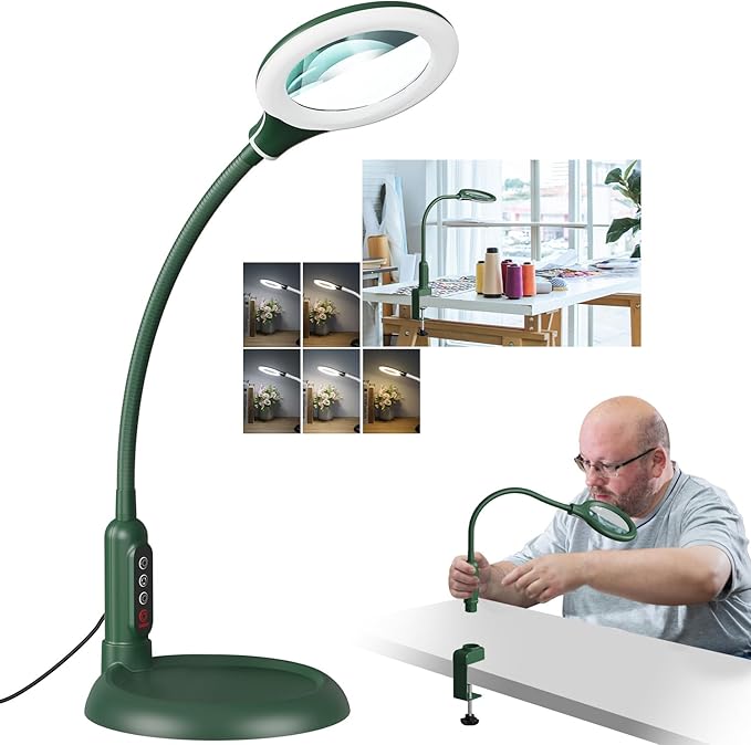 10X Magnifying Glass with Light and Stand, LED 5 Color Modes, Brightness Stepless Dimming Lighted Magnifier Hands Free, Flexible Gooseneck Desk Lamp with Clamp for Close Works, Crafts, Hobby - Green