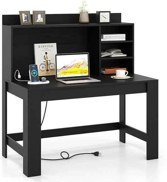 Giantex Computer Desk with Hutch, Modern Home Office Desk with Power Outlets, Storage Shelves & Cable Hole, Makeup Vanity Table, Study Writing Desk for Bedroom Office Small Space (Black)