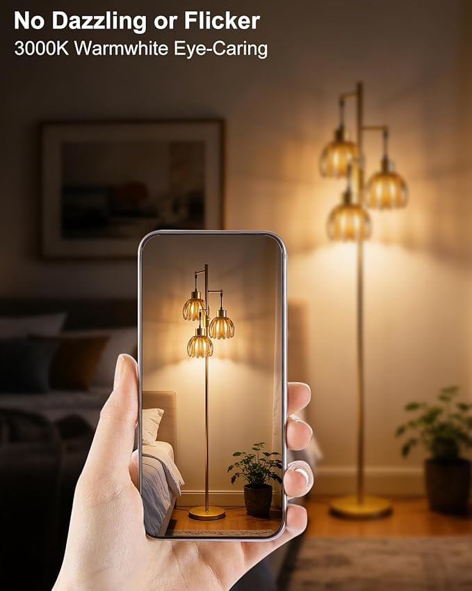 Lightdot 65'' Glass Floor Lamp Dimmable Gold Floor Lamps with Brown Lotus Glass Shade& 3000K Bulbs Included 3-Lights Modern Tall Standing Lamp for Living Room/Bedroom/Sofa Beside/Corner Decor
