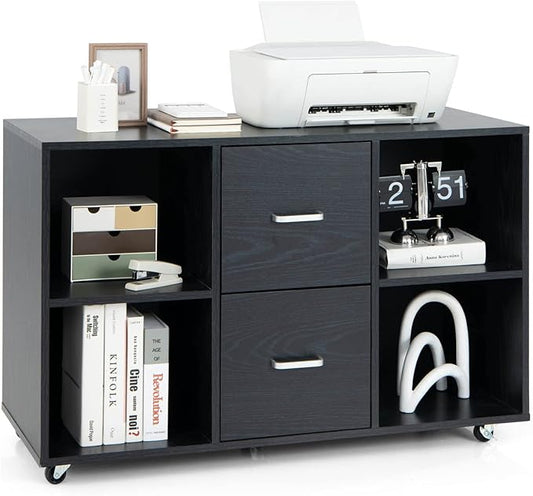 Giantex File Cabinet Office Organization - Filing Cabinet W/ 2 Drawers, 4 Open Compartments, Lateral Cabinet on 360° Swivel Lockable Wheels, Rolling Printer Scanner Stand for Home Office Storage