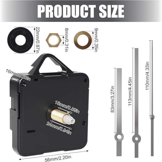 Silent Quartz Clock Mechanism Kit, High Torque Long Shaft Replacement Clock Movement for DIY Wall Clocks, Includes Clocks Hands and Quartz Movement Parts for Home and Office, Silver