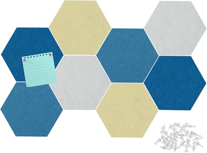 Felt Bulletin Board Tiles, 8 Pcs Hexagon Wall Tiles with Removable Adhesive, 7.9×6.9 Inch Cork Pin Board for Classroom, Home, Office (Set A, Middle)