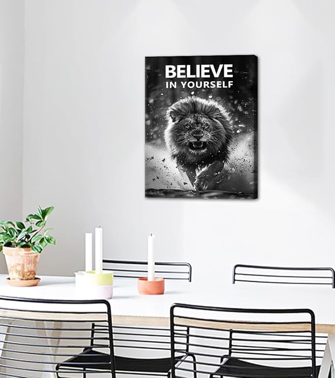 Yatsen Bridge Motivational Lion Canvas Wall Art Black & White Running Lion Poster BELIEVE Yourself Prints Wall Decor for Apartment Modern Home Bedroom Office Decoration Easy to Hand 18x24inch