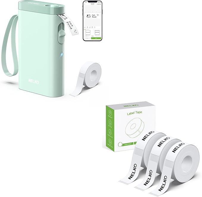Nelko Green Label Maker Machine with Tape, P21 Label Printer, Adapted Label Print Paper, 14x40mm (0.55"x1.57"), Standard Laminated Office Labeling Tape Replacement, 180 Tapes/Roll, 3 Rolls, White