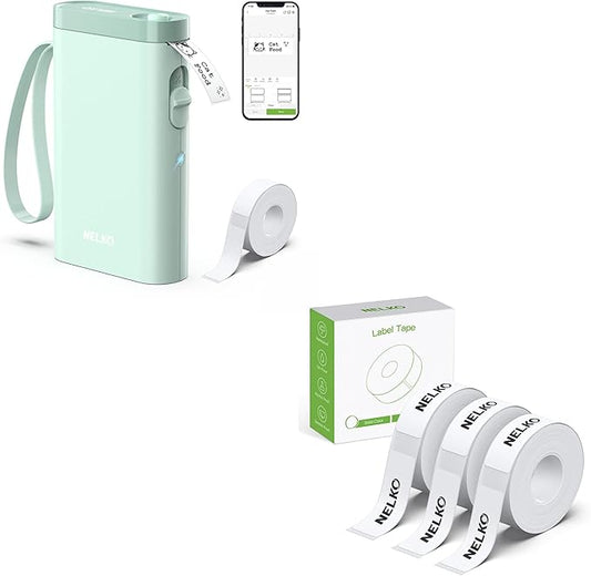 Nelko Green Label Maker Machine with Tape, P21 Label Printer, Adapted Label Print Paper, 14x40mm (0.55"x1.57"), Standard Laminated Office Labeling Tape Replacement, 180 Tapes/Roll, 3 Rolls, White