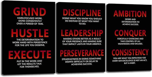 Inspirational Canvas Painting Wall Art Inspiring Quote Wall Art Discipline Grind Consistency 3 Pieces Positive Poster Motivational Artwork Prints Picture Living Room Office Home Framed [60''Wx 28''H]