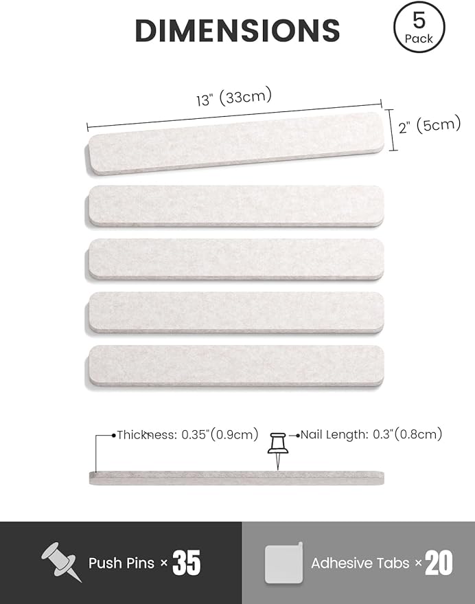Fluxynara Cork Board Alternative Felt Strip Board 5-Pack 13"x2", Office Pin Board with 35 Push Pins, Adhesive Install for Bedroom Door & Home Office(Oatmeal)