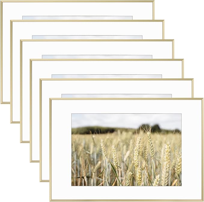 Golden State Art, Gallery Wall Frame Set of 6 - Gold 16x24 Aluminum Photo Frames with Mat for 12x18 Pictures - 16 x 24 inch Metal Frame with Real Glass Cover - Elegant Home or Office Decor