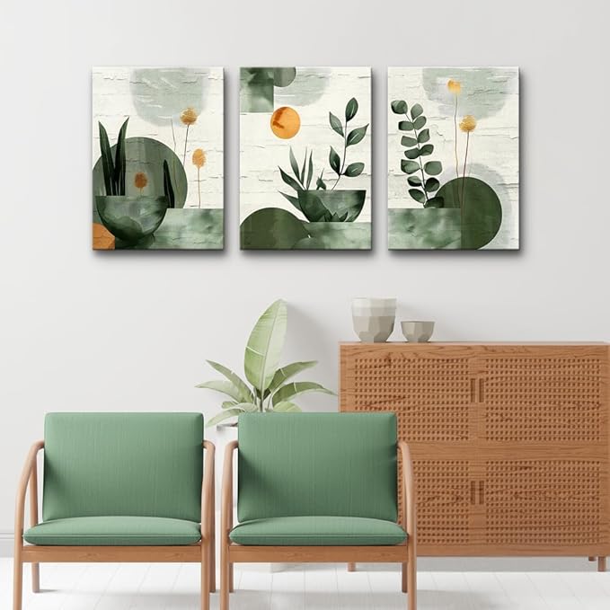 TTHYUEWS Boho Wall Art For Bedroom Canvas Wall Decor For Living Room Office Abstract Decorations Plant Wall Paintings Geometry Pictures Artwork Modern Bathroom Home Decor Ready To Hang 3 Piece