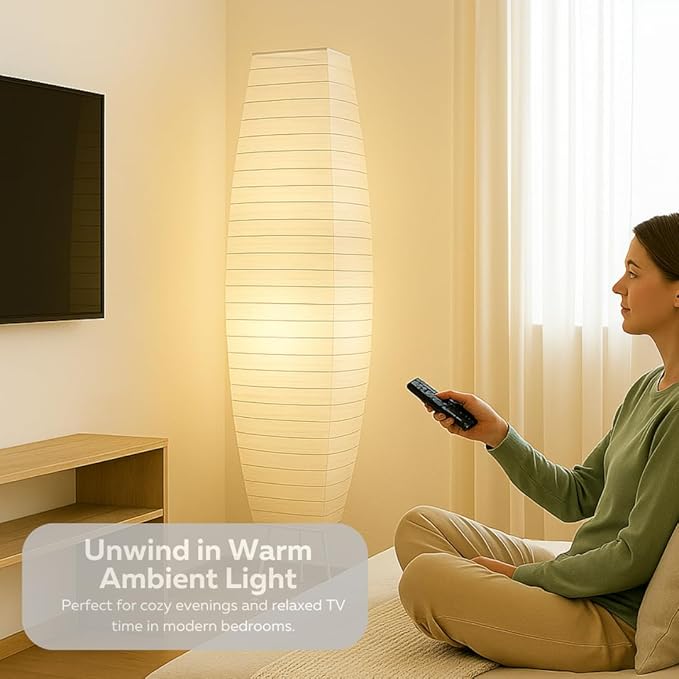 LIGHTACCENTS 50” Rice Paper Standing Lamp – Modern Japanese Floor Lamp with Chrome Base, White Shade, Foot Pedal Switch – Floor Lamps for Living Room, Bedroom, or Meditation Space