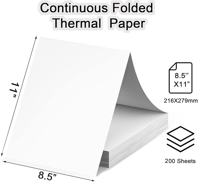 Thermal Printer Paper 8.5 x 11 Inch, 200 Sheets US Letter Size Thermal Paper, Compatible with M08F/A40 Thermal Portable Printer, Continual Feeding Folded Printing Paper (200 Sheets/Continuous Folding)