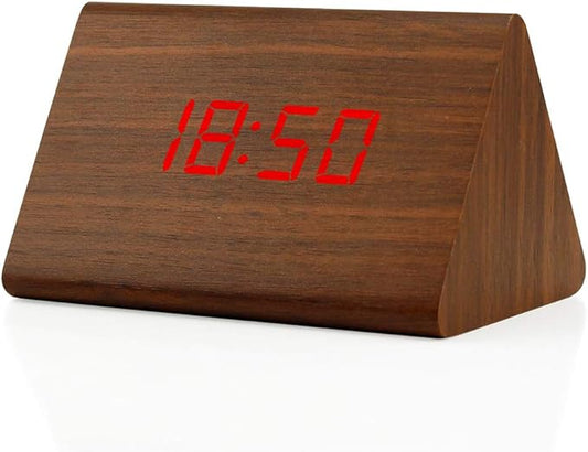 OCT17 Wooden Wood Clock, New Version LED Alarm Digital Desk Clock Adjustable Brightness, Alarm Time, Displays Time Date Temperature - Brown