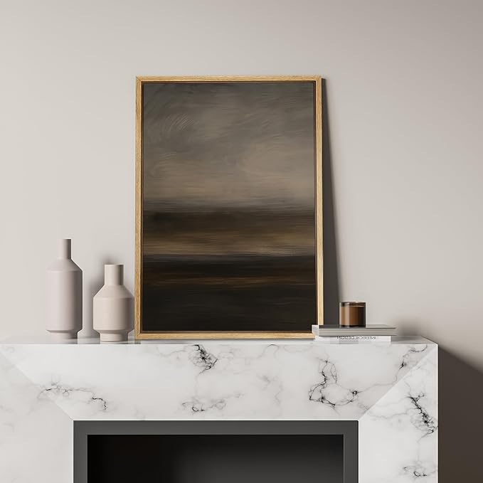 SIGNFORD Framed Canvas Print Wall Art Misty Dusk Abstract Soft Gray and Brown Layered Landscape Illustration Modern Art Decorative Chic Relax/Zen for Living Room, Bedroom, Office - 24"x36" Natural
