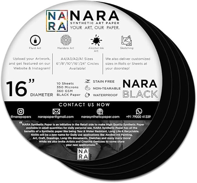 NARA Alcohol Ink Paper | Black | 16” Diameter Circle | 350 microns/360 GSM | 10 Sheets | Medium+ Paper | Paper for Alcohol Ink Art Painting | 100% Stain-Free