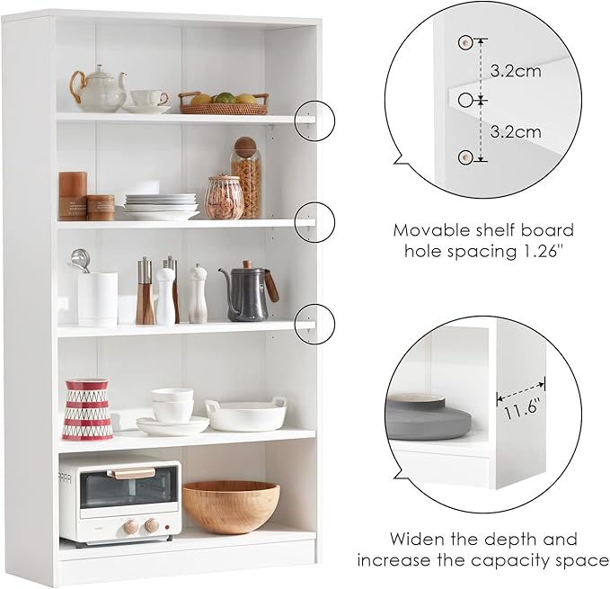 Farini White Bookshelf for Bedroom 5 Shelf Office Bookcase 60 Inches Tall Modern Wood Bookshelf for Living Room 5 Tier Wide Manga Bookshelf Library Bookcase
