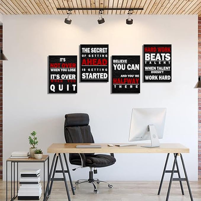 Inspirational Office Wall Art Décor Black and White Canvas Art Print Motivational Quotes Posters for Home Gymnasium, Fitness Center Wall Decor-Work Hard Beats Talent-Believe You Can-It's Not Over When