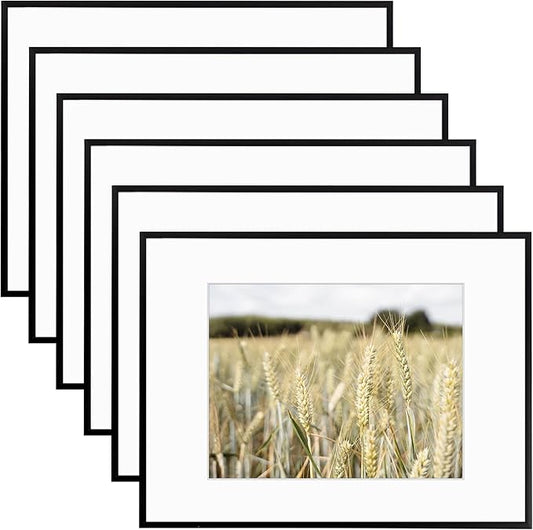 Golden State Art, Gallery Wall Frame Set of 6 - Black 12x16 Aluminum Photo Frames with Mat for 8.5x11 Pictures - 12 x 16 inch Metal Frame with Real Glass Cover - Elegant Home or Office Decor