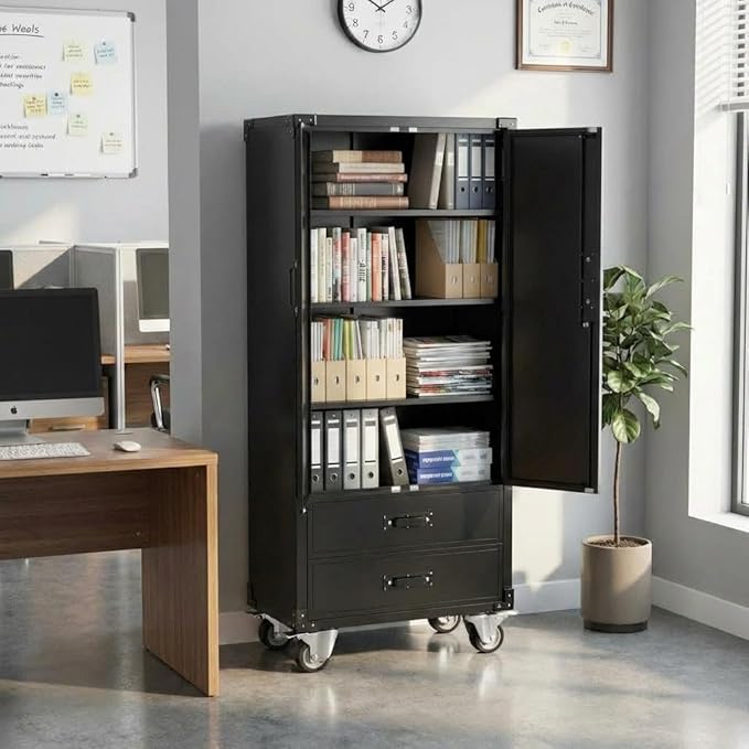 71" Heavy-Duty Metal File Cabinet with Lockable Drawers & Doors, Adjustable Shelves for Letter/Legal/F4/A4 Size, Easy Assembly for Home Office Garage Storage Cabinet, Black