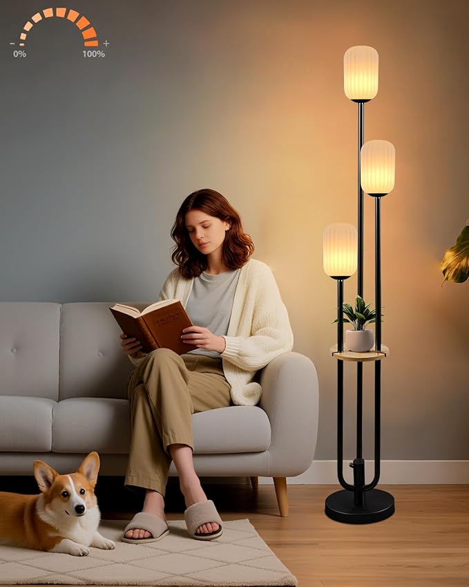 Floor Lamp for Living Room, Dimmable Vintage Floor Lamp with Shelf & LED Bulbs, 3 Light 3000K Soft Warmwhite Mid Century Standing Lamp, Tall Lamps for Bedroom Office