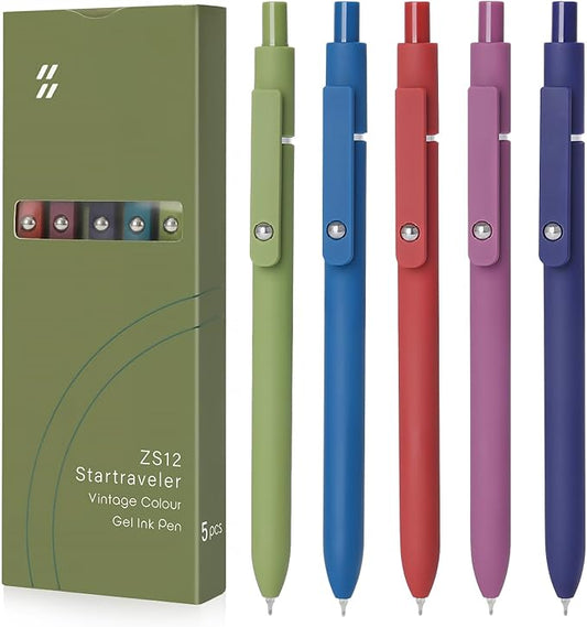 FIOVER High-End Vintage Gel Pens, 5-Pack 0.5mm Fine Point Black Ink Pens with Soft Grip & Metal Clip, Smooth Writing Retractable Pens for Journaling, Office, Note Taking(Retro color)