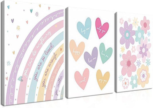 3 Pieces Nursery Boho Wall Art, Framed Cartoon Rainbow Canvas Prints, Colorful Heart Wall Decor, Cute Flower Posters Artwork, Pink Girls Room Aesthetic for Bedroom Dormitory – 12x16in