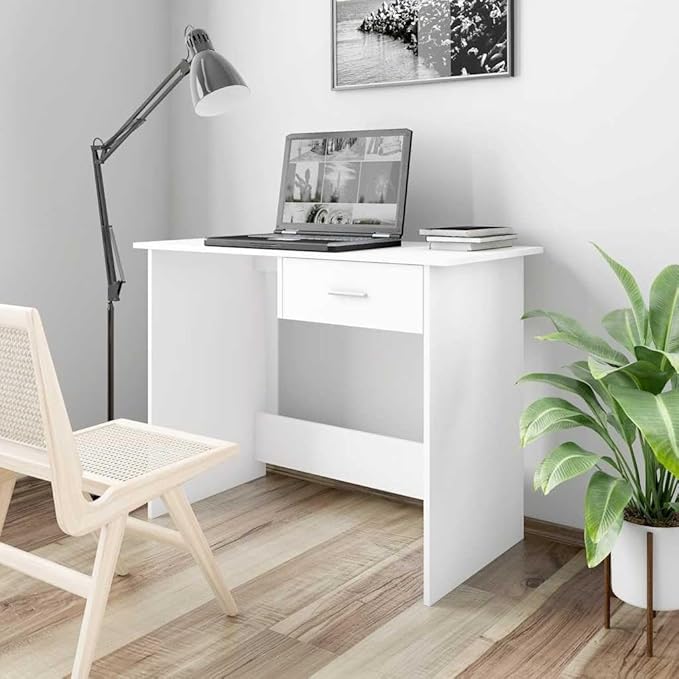 White Engineered Wood Desk, 39.4x19.7x29.9 in Rectangular Computer Desk with Drawer, Modern Home Office Study Writing Table