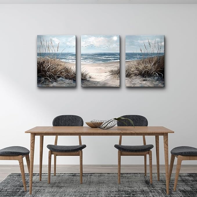 TTHYUEWS Wall Art For Living Room Wall Decor For Bedroom Modern Office Pictures Blue Sea Beach Posters Canvas Painting Wall Art Bathroom Seascape Prints Artwork Canvas Art Framed Ready to Hang 3pcs