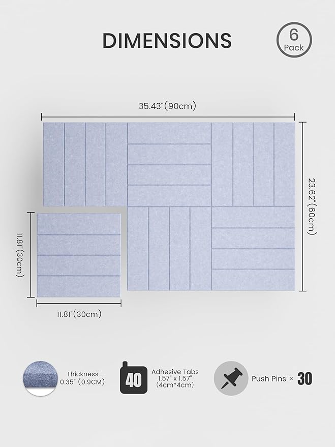 Bumusty Large Cork Board Alternative-36 x 24" Felt Bulletin Board Tiles, with 30 Pushpins, 40 Adhesive Tabs, 6-Pack Slat Wall Paneling, Cork Boards for Office Push Pin Board-Soft Periwinkle