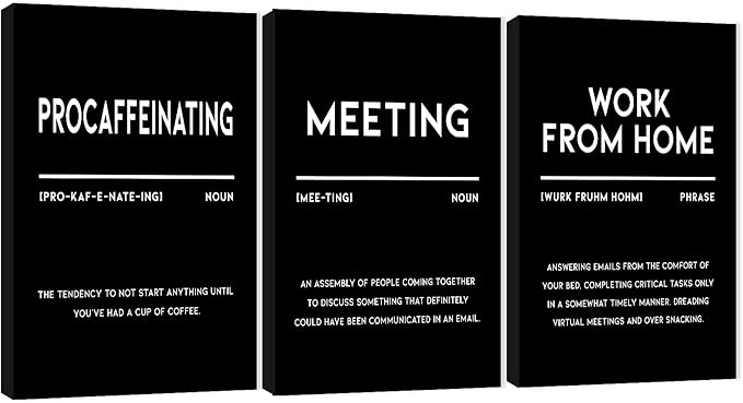 3 Piece Inspirational Canvas Wall Art, Quotes "Procaffeinating - Meeting - Work From Home" Motivational Print Pictures, Triptych Entrepreneur Poster Framed Artwork for Men Women Room Decor(72"Wx36" H)