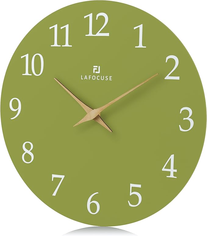 Lafocuse 12 Inch Wooden Olive Green Wall Clock Battery Operated Silent Non-Ticking, Modern Simple Wall Clock for Living Room Decor Kitchen Bedroom Office