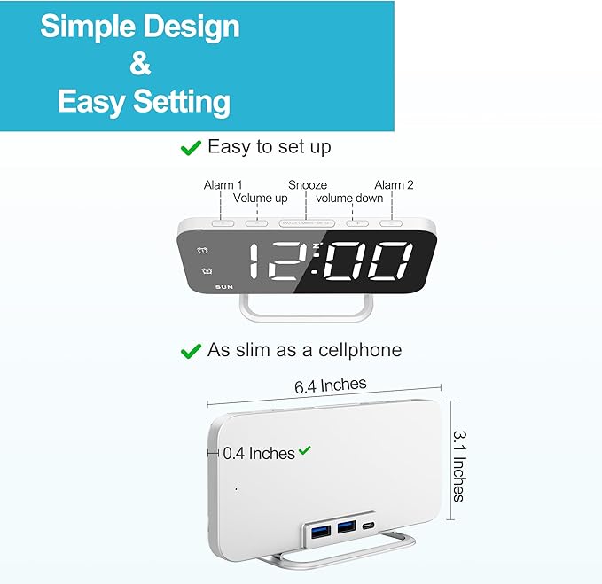 Slim LED Digital Alarm Clock, Mirror Surface for Makeup, with Diming, Large Display, Easy Setting, USB Ports, Modern Decor for Bedroom, Desk, Xmas, Birthday Gift for Women, Sister, Teen Girl, Silver