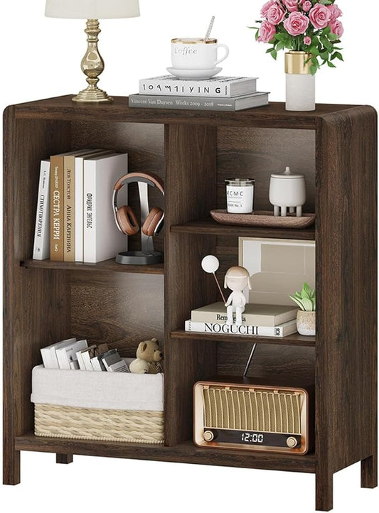FATORRI 5 Cube Bookshelf, Wood Bookcase with 3 Adjustable Shelves, Farmhouse Cube Storage Organizer Shelf for Small Space Bedroom Living Room (Dark Walnut)