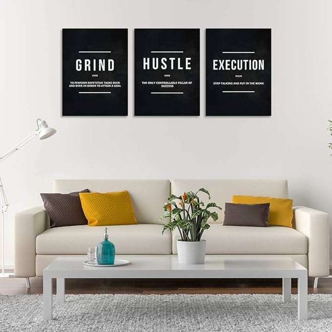 Motivational Office Wall Decor Inspirational Success Canvas Wall Art Hustle Posters Prints Entrepreneur Quote Wall Picture Paintings 3 Pieces Artwork Home Bedroom Framed Easy to Hang(60”Wx28”H)