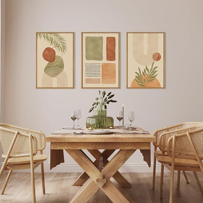 Large Boho Sage Green Framed Canvas Wall Art,Abstract Geometric Beige Wall Decor,Mid Century Modern Art Prints,Neutral Botanical Leaf Artwork for Living Room,Bedroom,Office -24"x36"x3