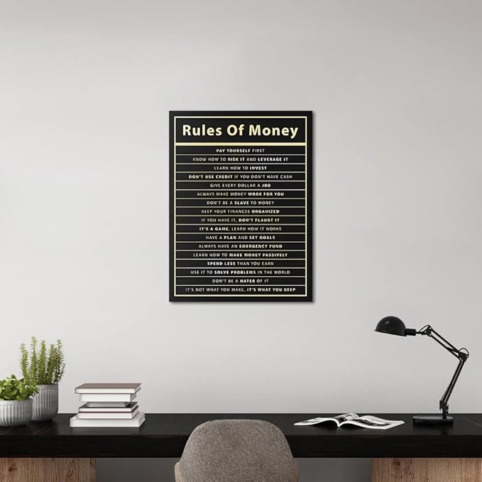 Motivational Wall Art for Office - Rules of Money Inspirational Quotes, Framed Financial Success Canvas Print, Modern Entrepreneur Decor Easy to Hang (18x24 Inches)