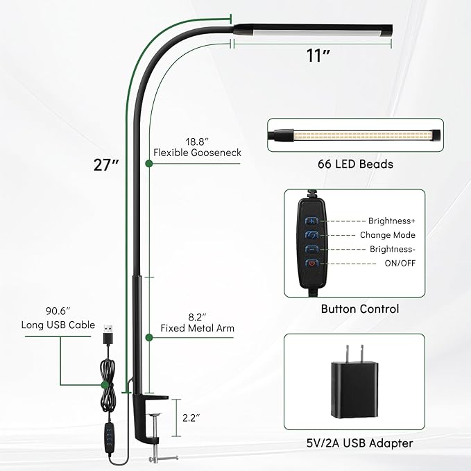 Clamp Lamp for Desk, Eye-Caring LED Clip Light, 27"Tall Flexible Arm, 3 Color Modes 10 Brightness, USB-Powered Task Lamp for Home Office Reading, Crafting, Sewing,5V/2A Adapter Included Black
