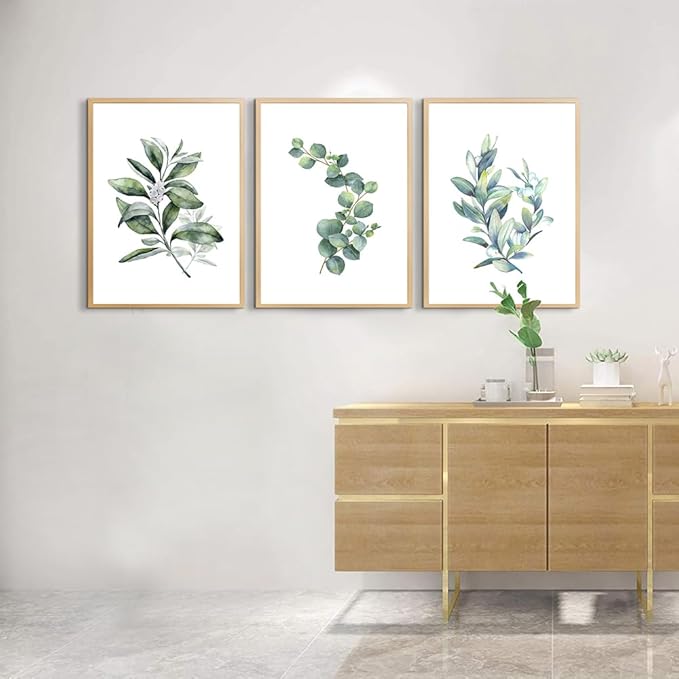 Hyidecorart Wood Framed Wall Art - Large Green Leaves Wall Paintings Set Of 3 Piece Framed Prints For Living Room, Bedroom, Office, Kitchen