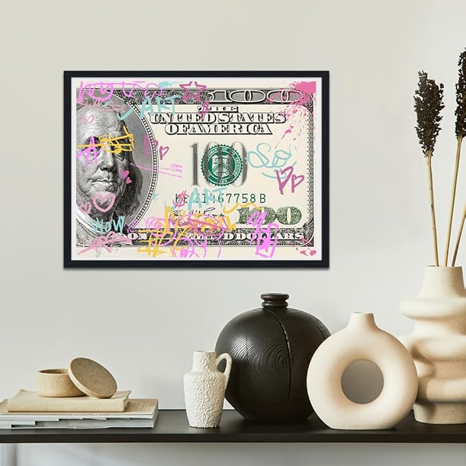 Dollar Canvas Wall Art Pink 100 Dollars Posters and Prints Motivational Wall Decor Abstract Inspirational Artwork for Office Living Room Framed and Ready to Hang 12X16inch