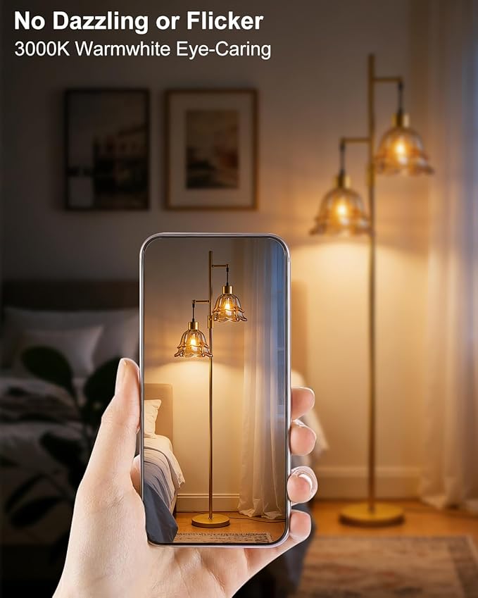 Lightdot 65IN Gold Flower Floor Lamp for Living Room, 2-Light Dimmable with Amber Glass Lampshade, 3000K Warm White Modern Standing Tall Lamp for Bedroom Sofa Beside Corner Decor