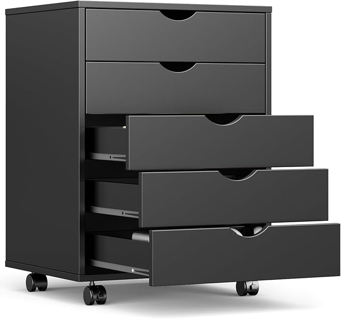 NEWBULIG 5 Drawers Mobile File Cabinet Under Desk Storage with Wheels Office Filing Cabinets Small Wooden Rolling Chest of Dawers for Home Office Black