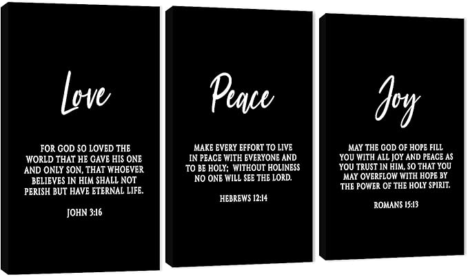 3 Piece Inspirational Wall Art, Black Sayings Prints Picture, Quotes "Love Peace Joy" Motivational Canvas Art for Religious Decor Gifts, Stretched And Framed Artwork for Home Wall Decor (36"Wx18" H)