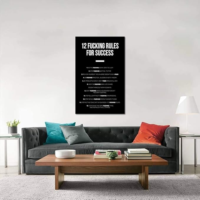 Motivational Wall Art 12 Fucking Rules for Office Wall Decor Inspirational Quotes Poster Success Entrepreneur Art Black and White Paintings Picture Success, Framed 28 x 44 in