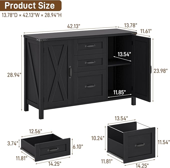 Farmhouse File Cabinet with Doors, Lateral Filing Cabinet with 3 Drawers for Letter/A4 Size Hanging Files, Large Wooden Printer Stand with Adjustable Shelves for Home Office, Rustic Black