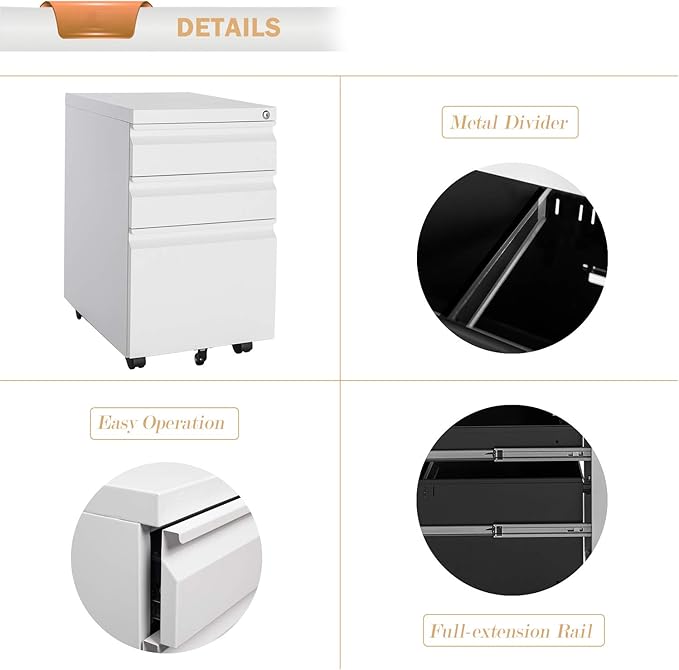 Bonnlo White 3-Drawer File Cabinet with Lock, Rolling Under Desk Filing Cabinet for Home Office, Mobile Office Drawers with Pencil Tray, Assembly Required, 23.6" H