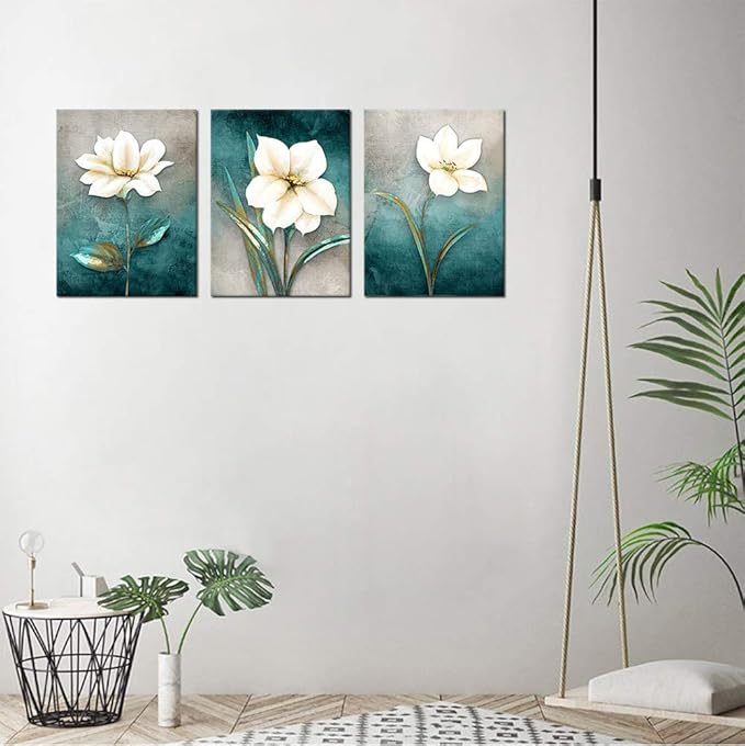 Flower Canvas Wall Art Cream White Floral Wall Decor Turquoise Tealish Grey Background Canvas Picture Modern Rustic Artwork Bathroom Bedroom Living Room Home Office Decoration 12" x 16" x 3 Pieces